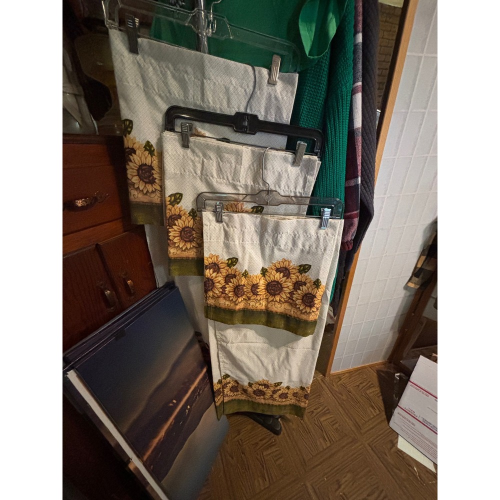 3 sets Vintage Sunflower Border Window Curtain Panels Set Cream Yellow Green